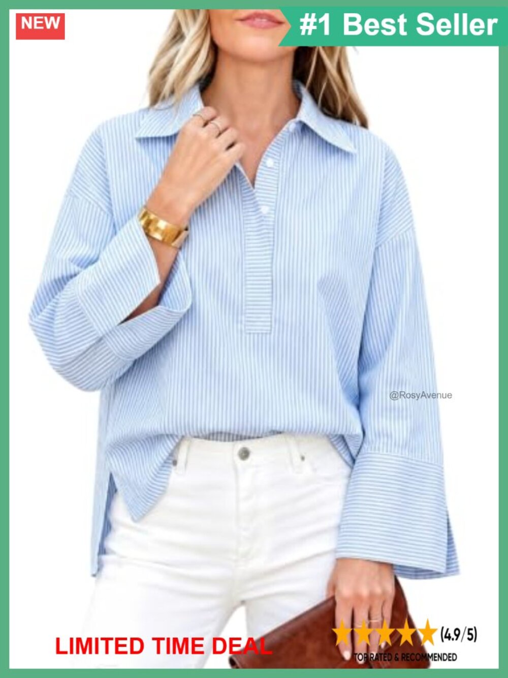 Women Button Down Striped Henley Shirt Long Sleeve Oversized Blouse
